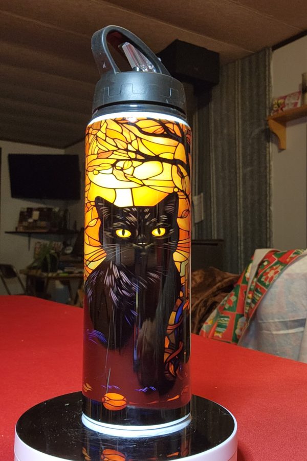 black cat, stained glass, water tumber